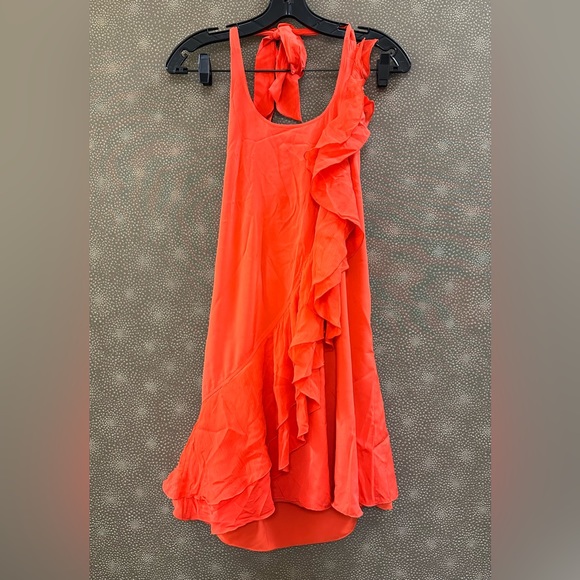 🔥🔥🔥Alice + Olivia Orange Silk Halter Neck Ruffle Mini Dress - Picture 1 of 8